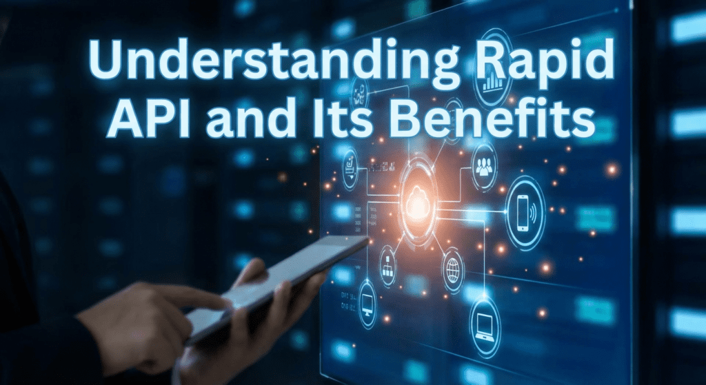 Person using a tablet to connect Rapid API with your SaaS, with digital interface and cloud integration icons in the background.