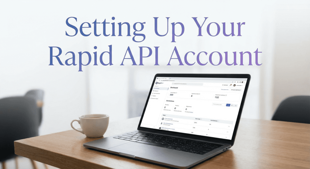 Laptop on a desk showing Rapid API dashboard, illustrating how to connect Rapid API with your SaaS.