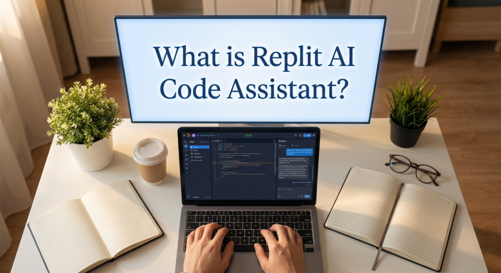 Person coding on a laptop with Replit AI Code Assistant, with the question "What is Replit AI Code Assistant?" displayed on a large screen.
