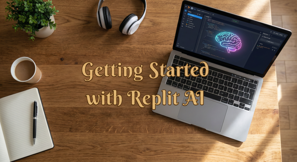 Laptop on a wooden desk displaying Replit AI Code Assistant interface, with text “Getting Started with Replit AI” on the screen.