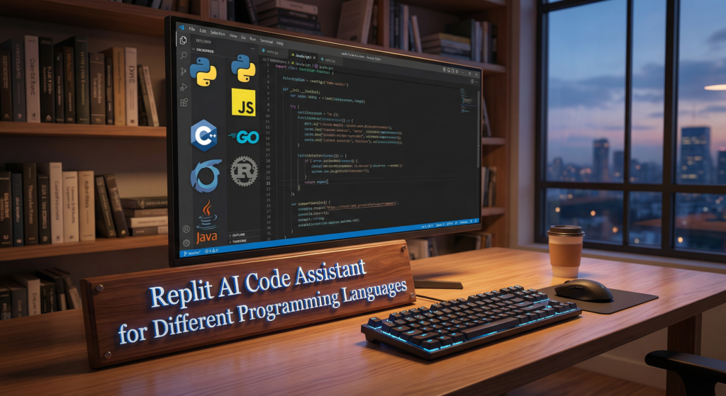 Replit AI Code Assistant interface on a monitor displaying support for different programming languages like Python, JavaScript, C++, and Java in a modern workspace.