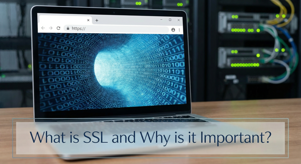 Laptop screen showing HTTPS address bar and binary data tunnel, symbolizing website security through the Best Free SSL Activation.