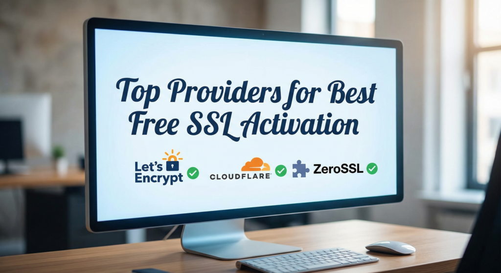 Computer monitor displaying top providers for Best Free SSL Activation, including Let’s Encrypt, Cloudflare, and ZeroSSL logos.