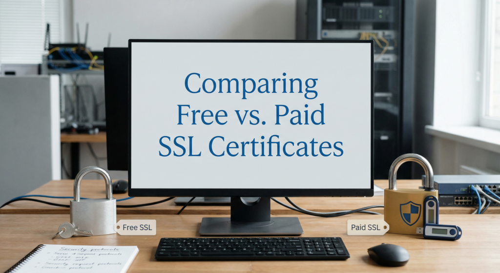Comparison of Free SSL and Paid SSL certificates on a computer screen, illustrating security differences and the value of Best Free SSL Activation.