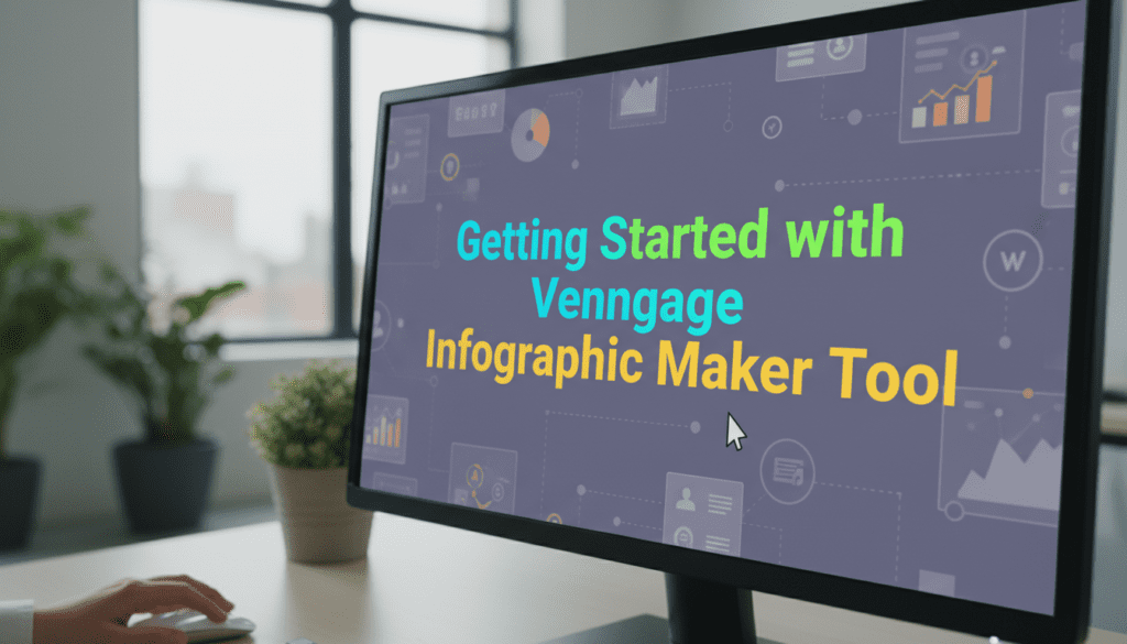 Computer screen showing the phrase 'Getting Started with Venngage Infographic Maker Tool' as part of a tutorial or introduction to the Venngage infographic maker tool.
