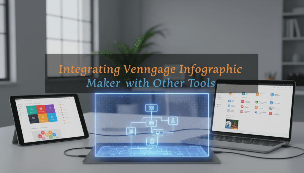 Tablet and laptop displaying apps with a digital network graphic in the center, illustrating integrating Venngage infographic maker tool with other tools.
