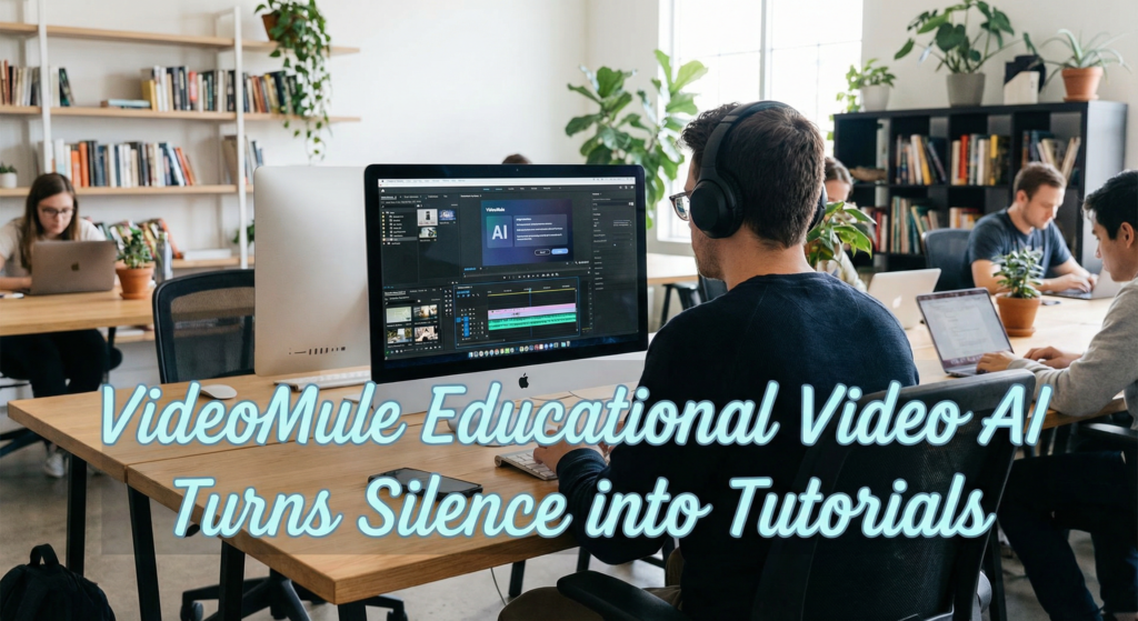 Person using VideoMule educational video AI to add narration to a silent screen recording in a modern coworking space