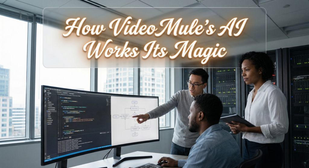 Team reviewing system architecture of VideoMule educational video AI in a tech office environment