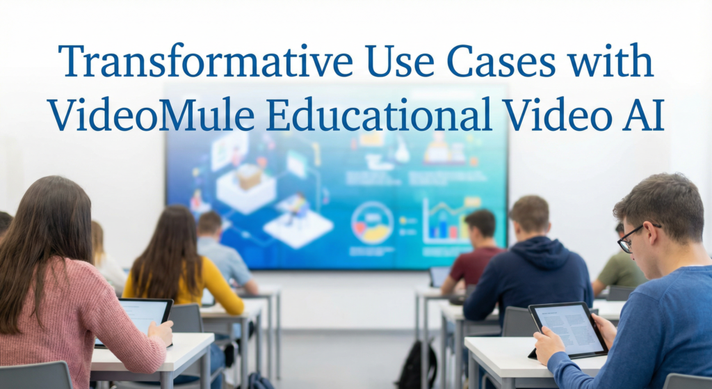 Students using tablets in a modern classroom with a presentation on transformative use cases powered by VideoMule educational video AI