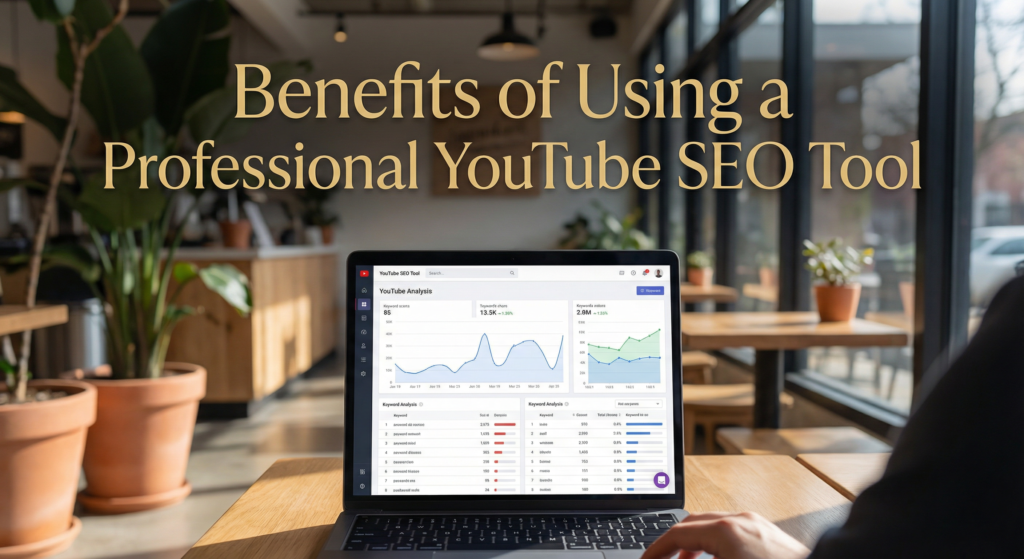 Dashboard of a professional YouTube SEO tool displaying analytics and keyword data on a laptop in a modern café setting.