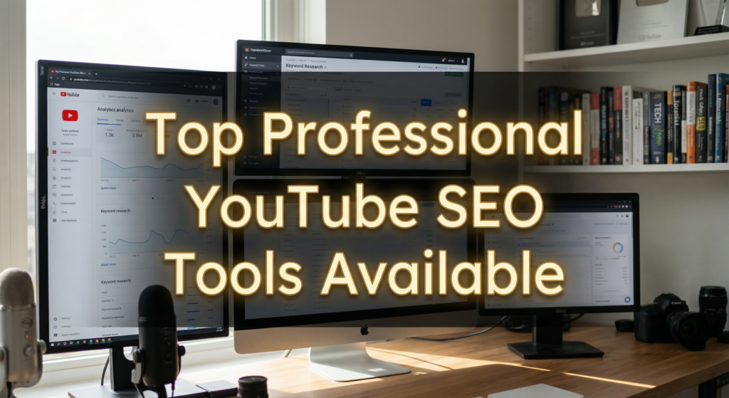 Multiple monitors displaying analytics and keyword research dashboards with a professional YouTube SEO tool setup in a content creator’s home office.