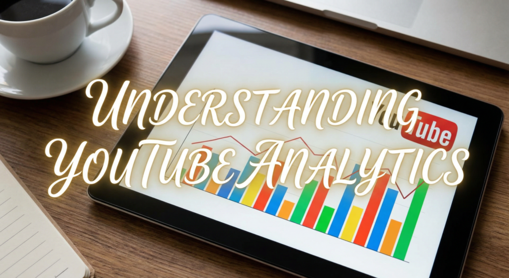 Tablet screen displaying YouTube analytics data with colorful bar graphs, illustrating insights provided by a professional YouTube SEO tool.