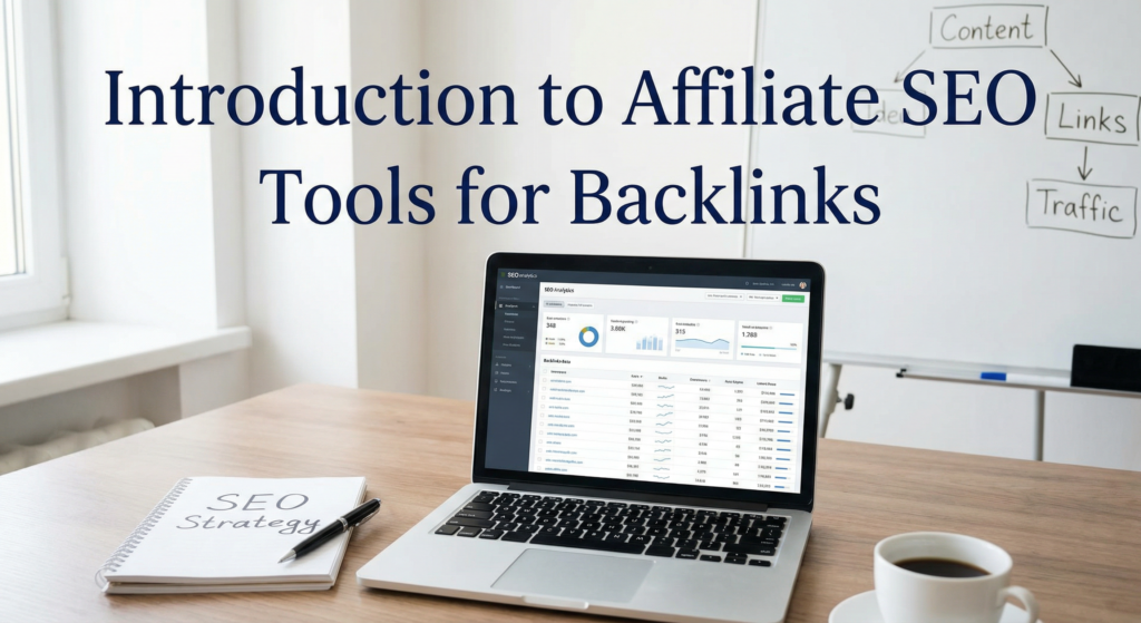 Laptop displaying SEO analytics with a backlink dashboard, next to a notebook titled 'SEO Strategy' — representing the use of affiliate SEO tools for backlinks.