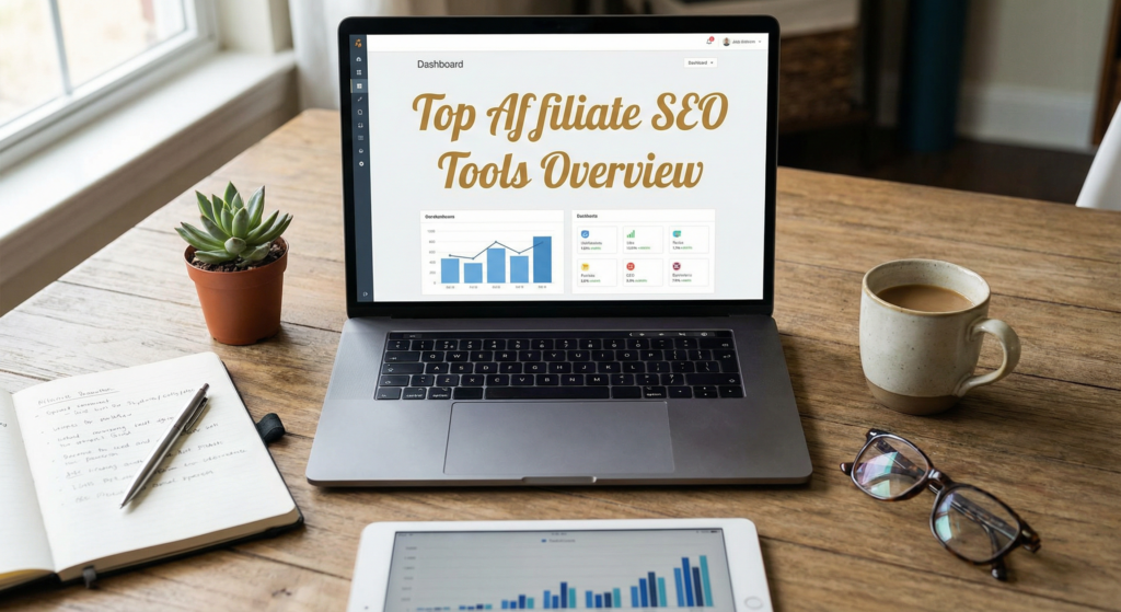 Laptop screen showing a dashboard titled 'Top Affiliate SEO Tools Overview', surrounded by a notebook, coffee cup, and tablet with charts — representing the use of affiliate SEO tools for performance tracking.