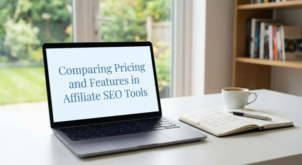 Laptop displaying a comparison of pricing and features in affiliate SEO tools, placed on a desk with a notebook, pen, and coffee cup in a home office setting.