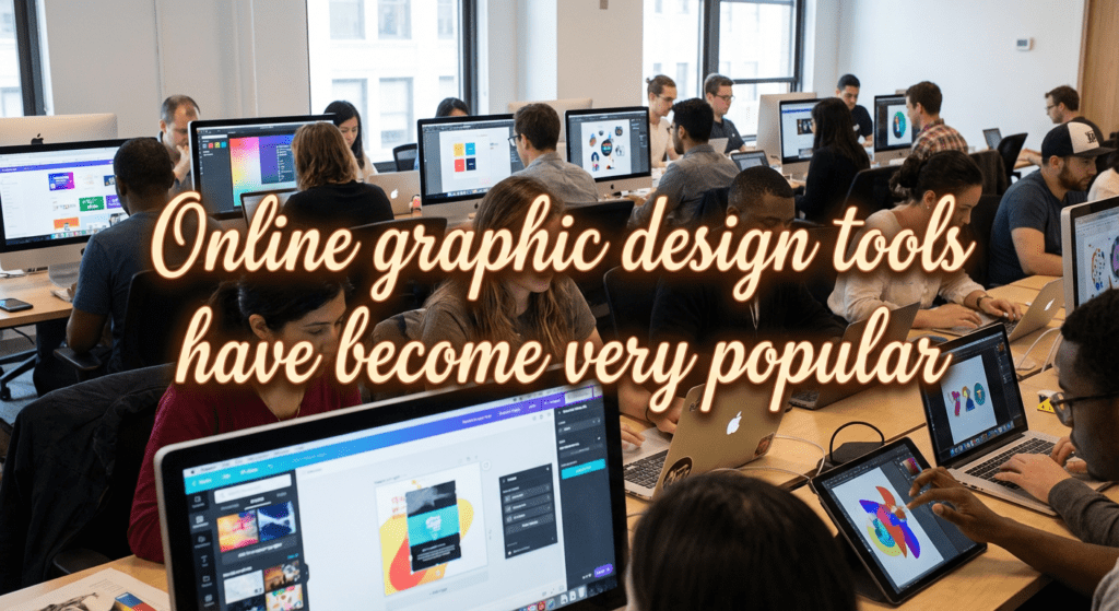 Group of people using online graphic design tools on computers and tablets in a modern classroom or co-working space.