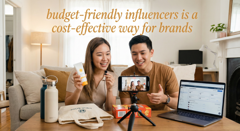 Two influencers recording a product review video at home, demonstrating how cheap AI influencer partnerships can help brands promote products on a budget.
