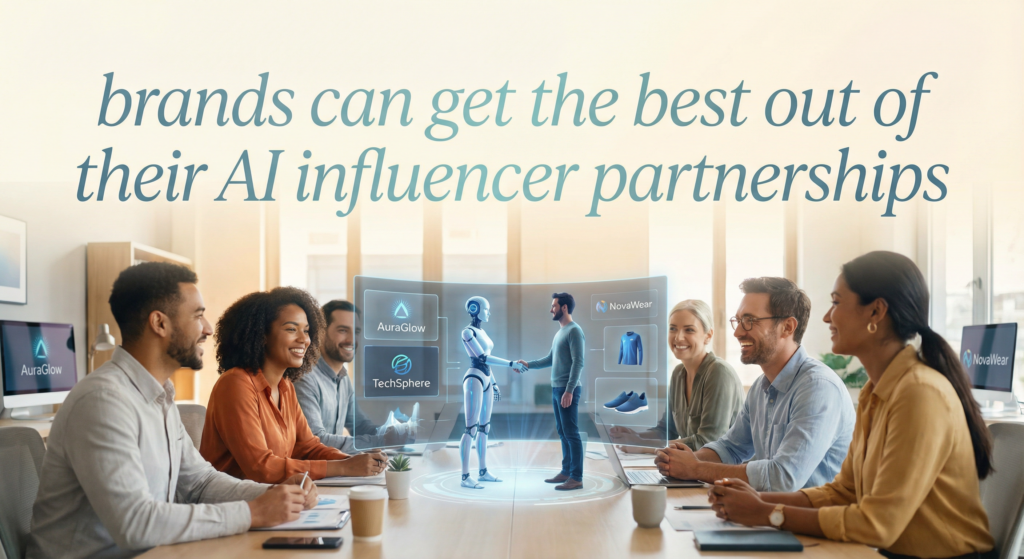 Business team in a modern office discusses marketing while a hologram shows a human and robot shaking hands, representing cheap AI influencer partnerships for brands.