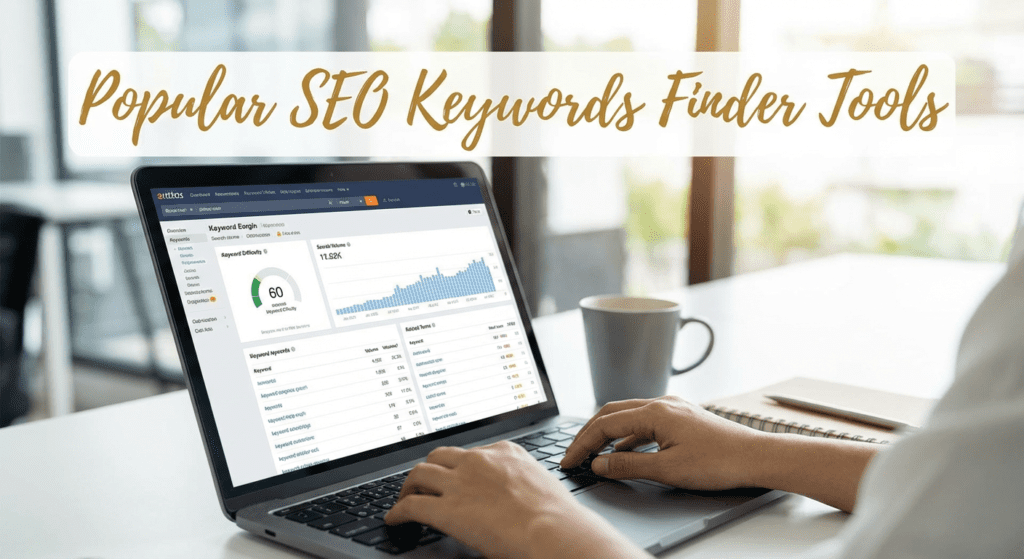 User analyzing keyword data on a laptop using a popular SEO Keywords Finder tool with graphs and search volume metrics.