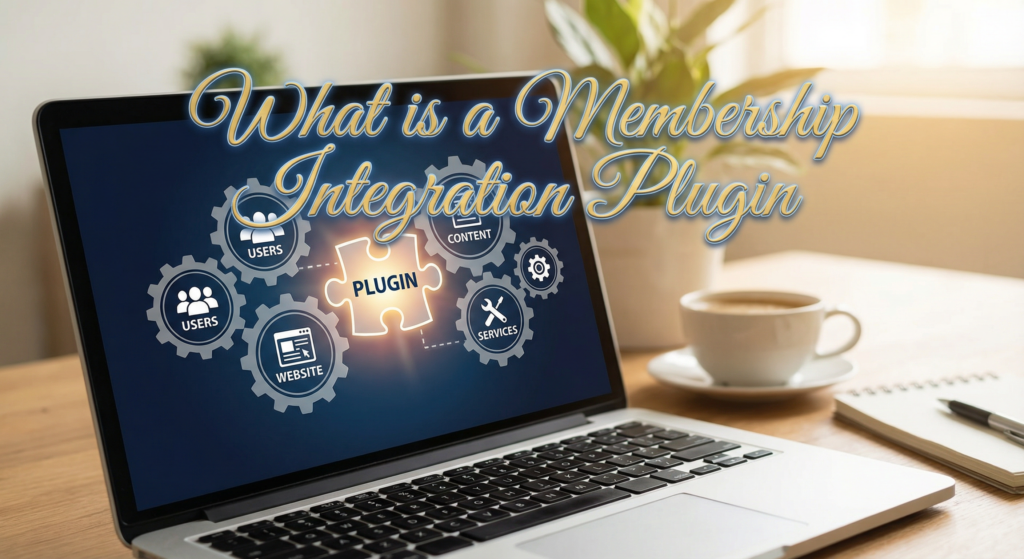 Laptop screen showing infographic with gears labeled users, content, and services, centered around a puzzle piece labeled plugin, representing how a membership integration plugin connects site features.