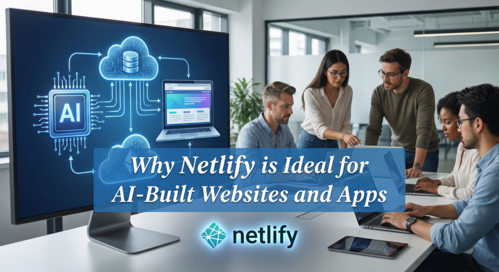 Team of developers discussing how to deploy AI website for free using Netlify, with AI and cloud technology graphics displayed on a large screen.