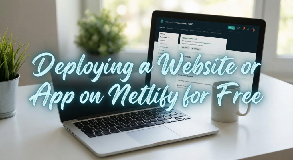 Open laptop showing Netlify deployment dashboard, illustrating how to deploy AI website for free in a simple user interface.