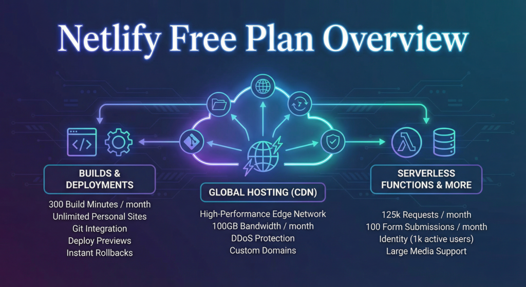 Visual overview of Netlify's Free Plan features including builds, global hosting, and serverless functions, ideal to deploy AI website for free with powerful tools and generous limits.
