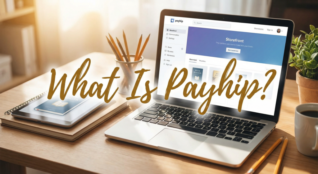 Laptop screen showing Payhip dashboard with coffee and tablet on desk, used for Best Payhip Review article.