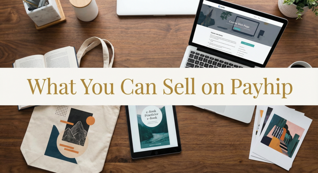 Various digital and physical products like eBooks, art prints, and online courses displayed on a desk, illustrating what you can sell on Payhip for the Best Payhip Review article.