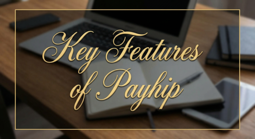 Open notebook, laptop, and tablet on a desk with text 'Key Features of Payhip', used for Best Payhip Review content.