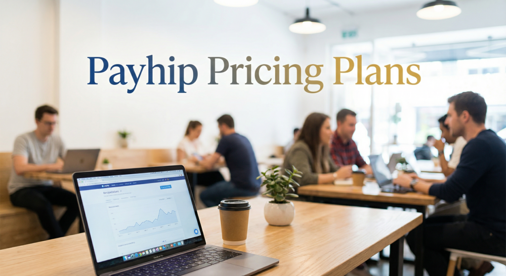 People working on laptops in a modern coworking space, with a close-up of a laptop showing website analytics and a coffee cup on the table.