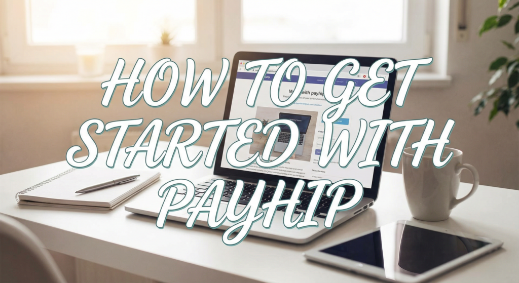 Laptop on a white desk next to a notebook, pen, coffee mug, and tablet, with a setup screen displayed on the laptop.