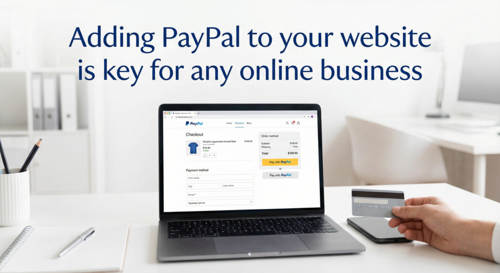 User holding a credit card in front of a laptop checkout screen, illustrating how to integrate PayPal payment on website for a seamless online purchase.
