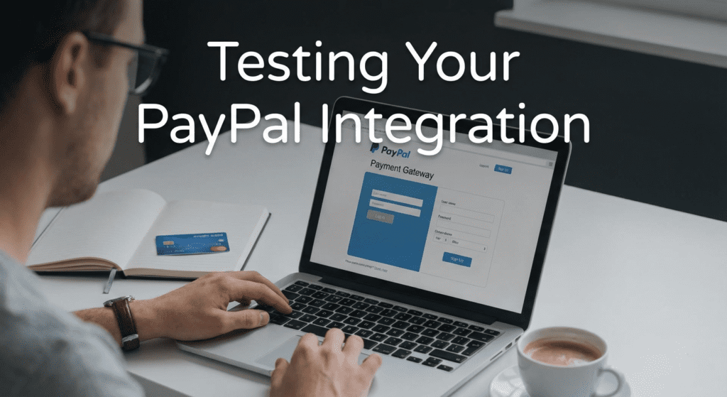 Man testing PayPal gateway on laptop as part of the process to integrate PayPal payment on website for secure online transactions.