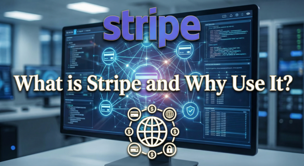 Computer screen displaying Stripe interface with networked payment icons and the title "What is Stripe and Why Use It?" — learn how to integrate Stripe payment in minutes.