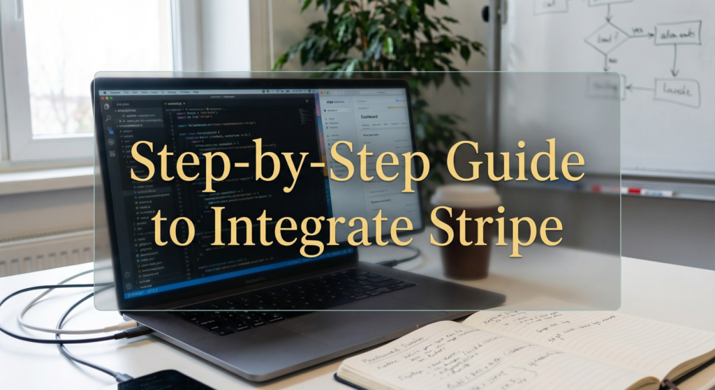 Open laptop displaying Stripe dashboard and code editor next to a notebook, illustrating a step-by-step guide to integrate Stripe payment in minutes.
