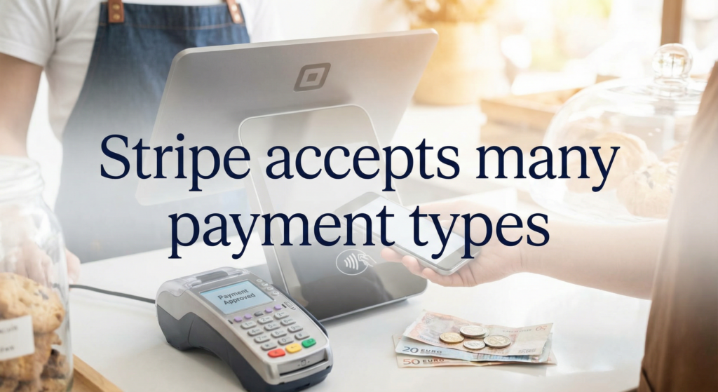 Customer making a payment with a smartphone at a card terminal, showing how businesses can integrate Stripe payment in minutes to accept various payment types.
