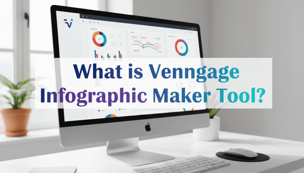 Computer screen displaying charts and graphs with the text 'What is Venngage infographic maker tool?' highlighting the features of the Venngage infographic maker tool.