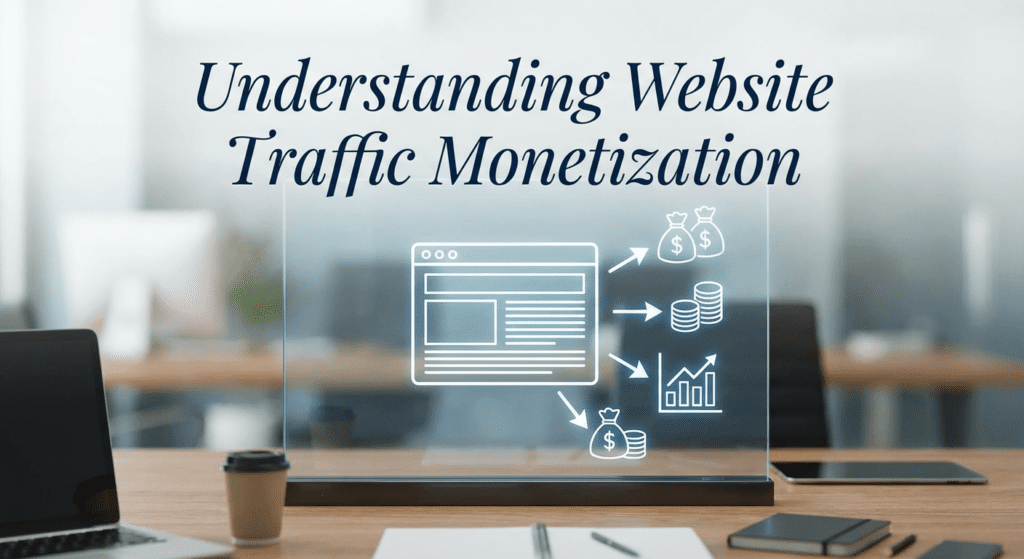 Visual representation of website traffic monetization showing a web page generating revenue through digital strategies.