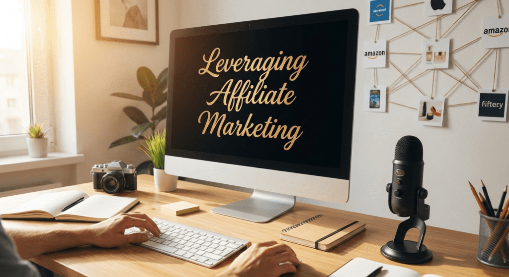 Home office setup showing affiliate marketing tools on screen, highlighting how affiliate strategies support website traffic monetization.