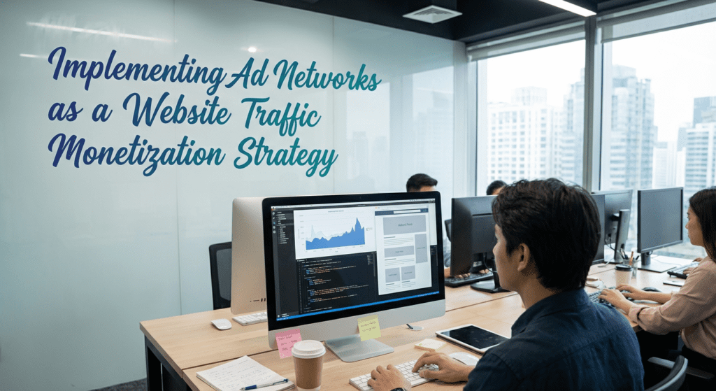 Team working in modern office analyzing ad performance data as part of a website traffic monetization strategy using ad networks.