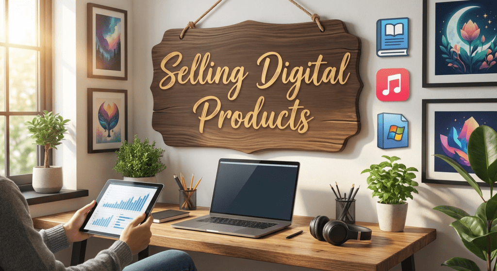 Person analyzing sales data on a tablet in a cozy home office with a sign that says 'Selling Digital Products' above a desk with a laptop and plants.