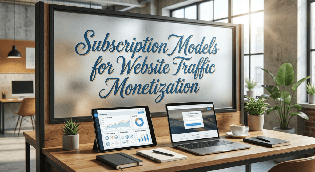 Modern workspace with tablet and laptop showing user analytics and login page, placed on a wooden desk with plants and a cup of coffee.