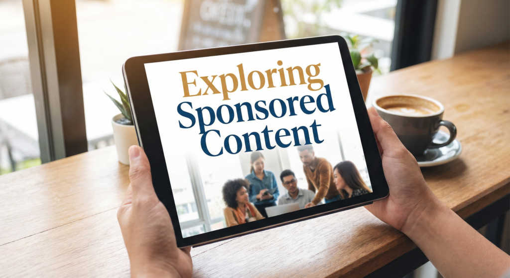 Person holding tablet displaying sponsored content strategy, highlighting its role in website traffic monetization.