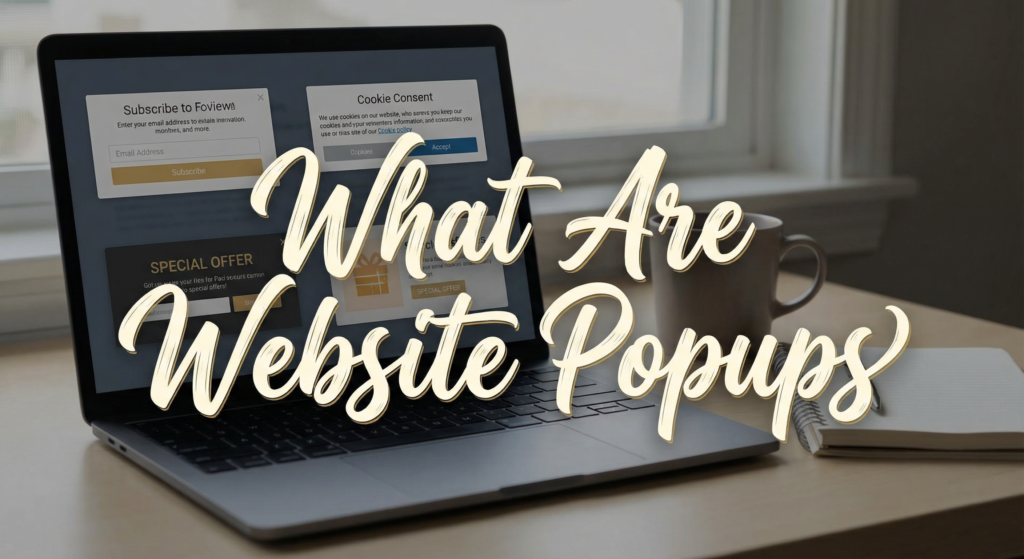 Open laptop displaying examples of cheap website popups for lead generation, with the text 'What Are Website Popups' overlaid on screen.