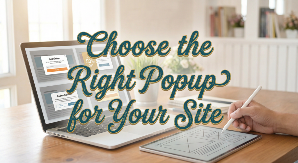 Designer working on tablet next to a laptop screen displaying examples of cheap website popups, with the text 'Choose the Right Popup for Your Site' overlaid.
