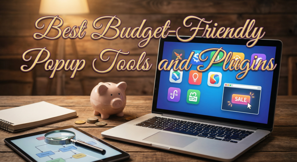 Laptop screen showing marketing tools and plugins with a sale popup icon, piggy bank and coins on table symbolizing cheap website popups for budget-friendly solutions.