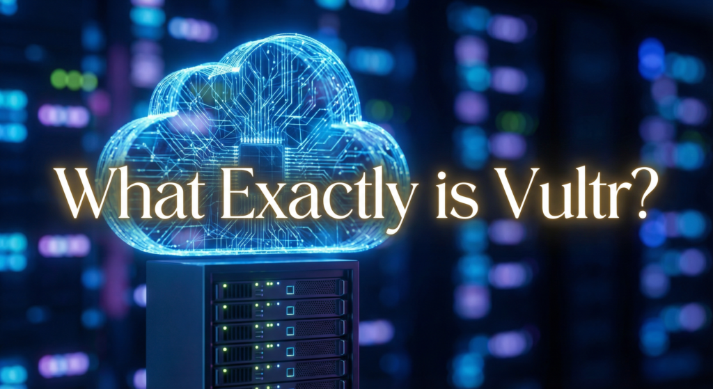 A digital cloud above a server rack in a data center environment with the text "What Exactly is Vultr?" highlighting the concept of Hosting for Websites.