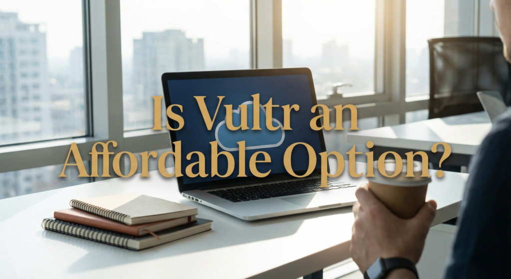 A person holding a coffee cup while looking at a laptop with a cloud icon on the screen and the text "Is Vultr an Affordable Option?", representing an evaluation of Vultr's Hosting for Websites services.
