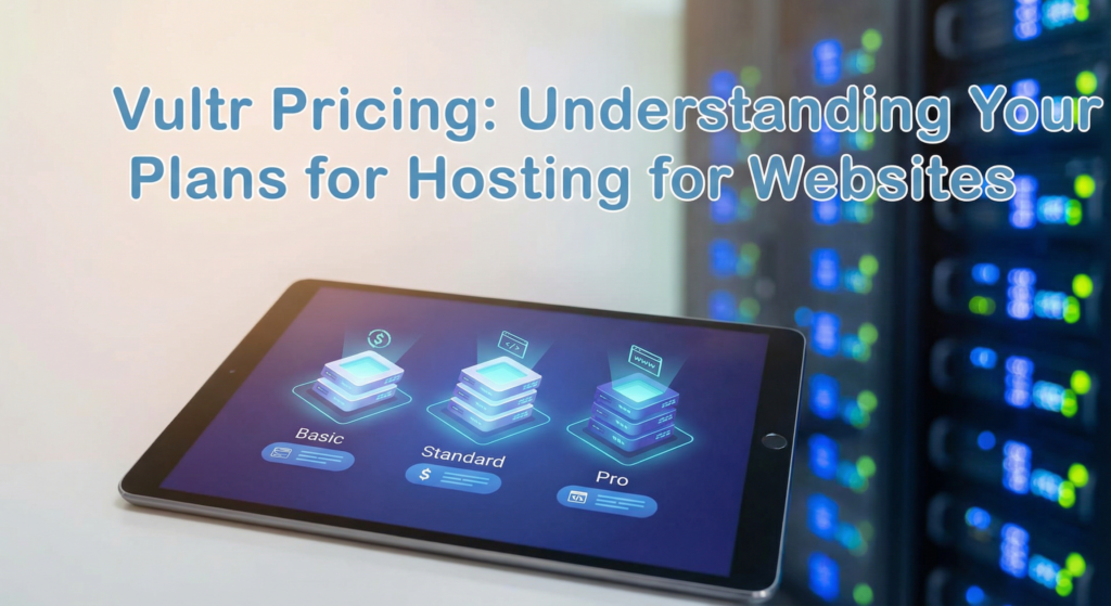 A tablet displaying Vultr pricing plans—Basic, Standard, and Pro—next to server racks, with the title "Vultr Pricing: Understanding Your Plans for Hosting for Websites" indicating different service tiers for web hosting solutions.